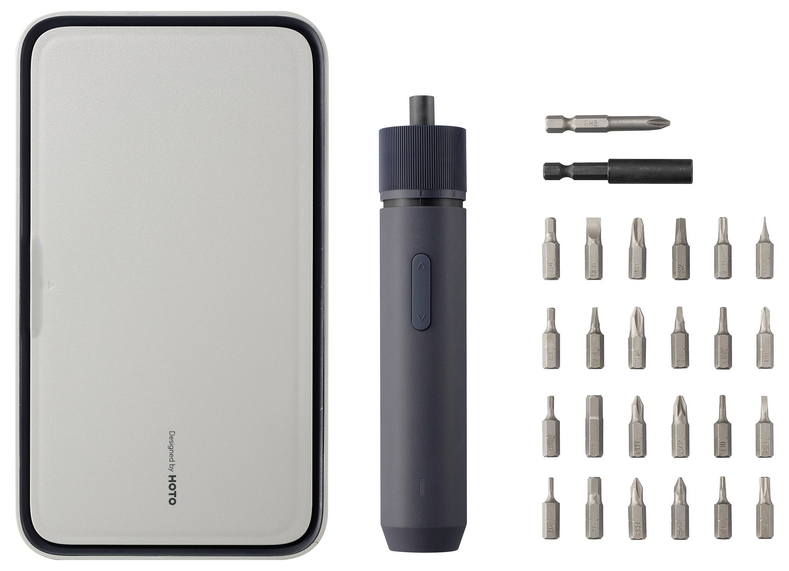 Cacciavite elettrico con scatola e 24 inserti a bit.