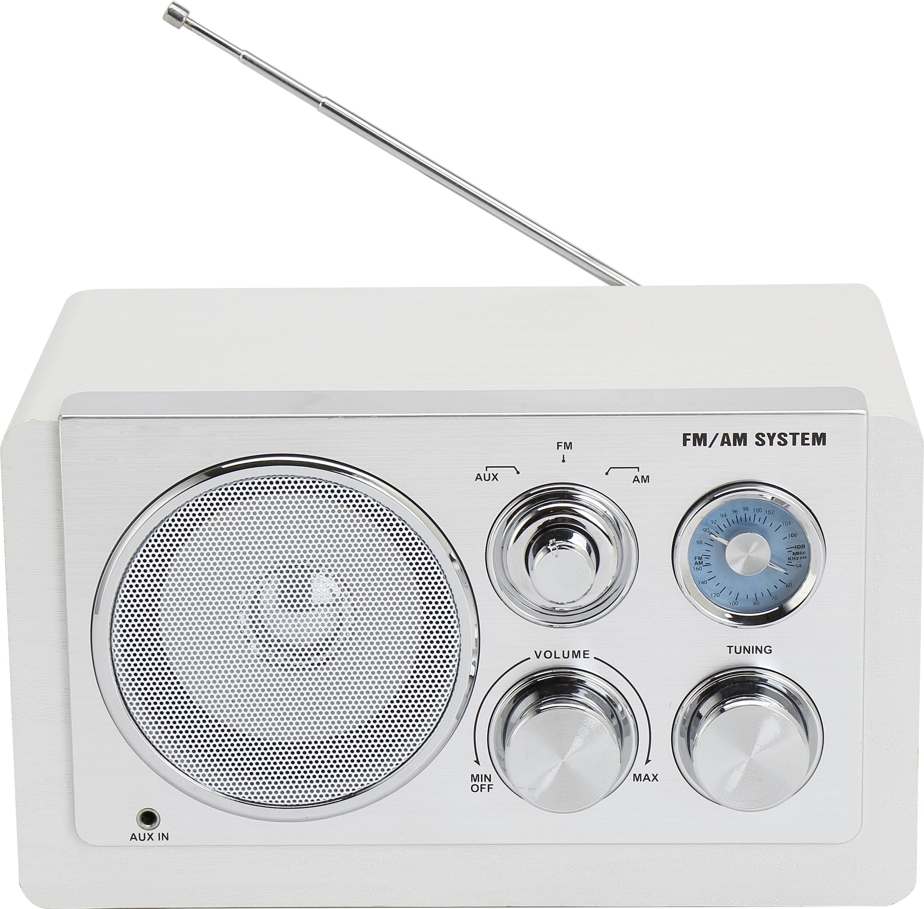 Un radio retrò bianco con sistema FM/AM. Ha un altoparlante a sinistra, bottoni per il volume e la sintonizzazione a destra e un'antenna in alto.