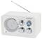 'Radio bianco FM/AM con altoparlante, comandi del volume e sintonia, nonché antenna.'