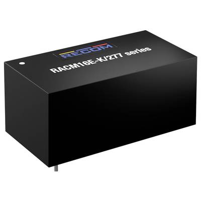 Un componente elettronico nero rettangolare con la scritta 'RACM16E-K/277 series' di Recom, con due piedini nella parte inferiore.