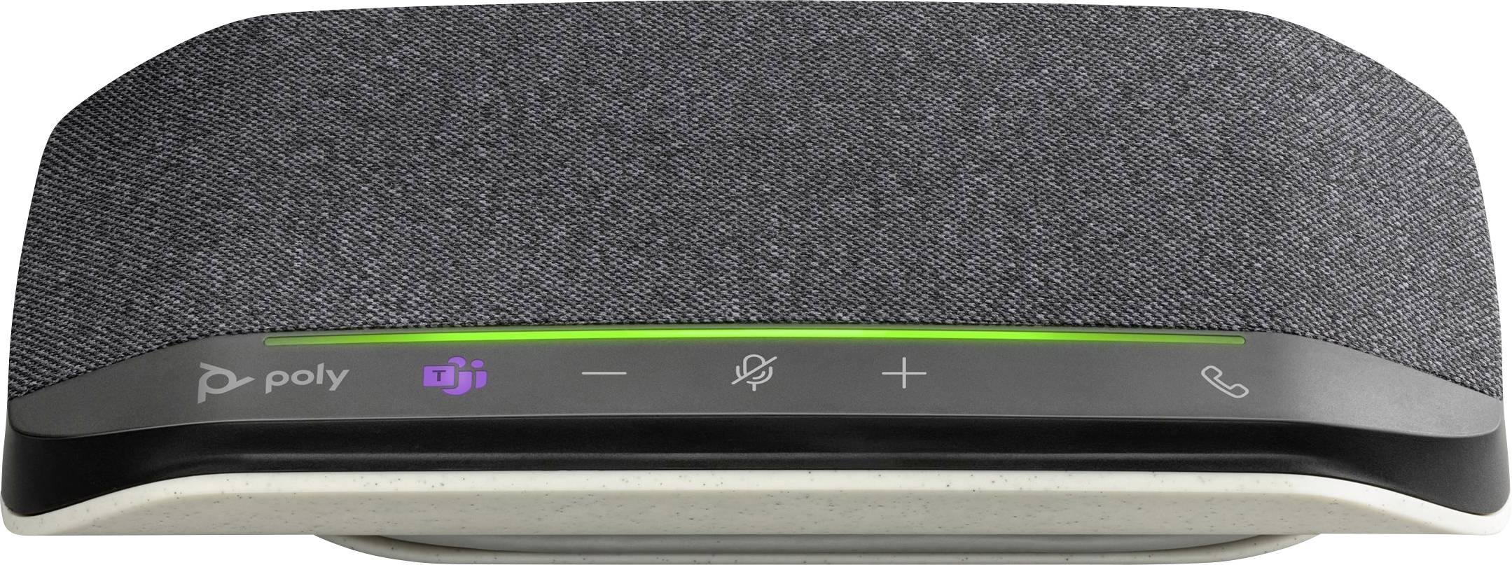 Un altoparlante portatile per conferenze con rivestimento in tessuto grigio e comandi touch per il volume, il muto del microfono e l'accettazione delle chiamate.