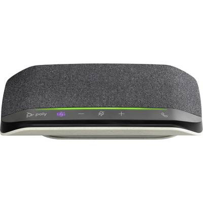 Un altoparlante portatile per conferenze con rivestimento in tessuto grigio e comandi touch per il volume, il muto del microfono e l'accettazione delle chiamate.