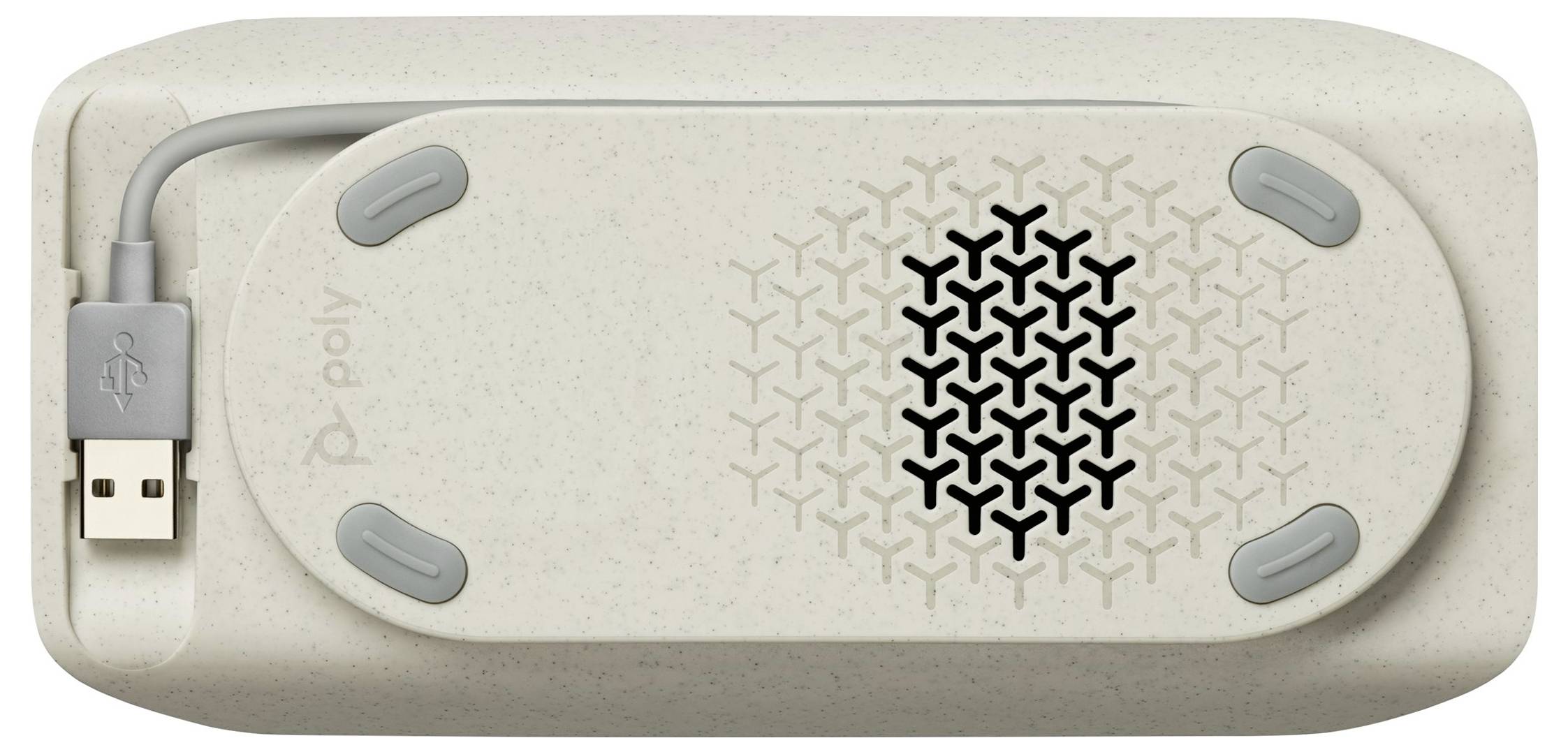 Un altoparlante beige con cavo USB integrato e piedini antiscivolo, raffigurato dal lato inferiore. Il logo Poly è visibile.