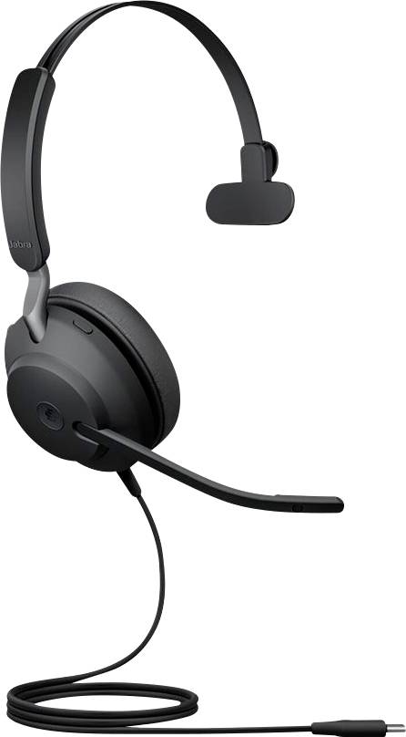 Un headset nero, monoauricolare, con microfono e cavo, adatto per chiamate telefoniche o riunioni online.