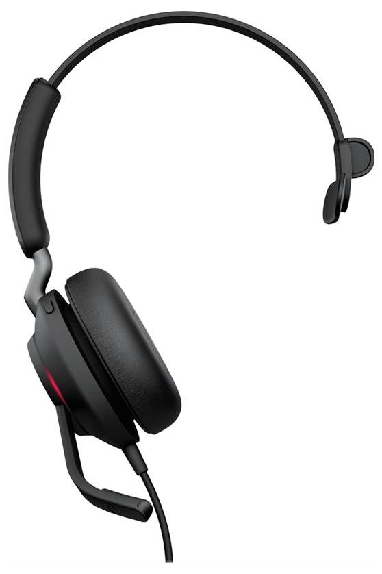 Cuffie nere monoaurali con braccio microfono, adatte per uso in ufficio o call center.