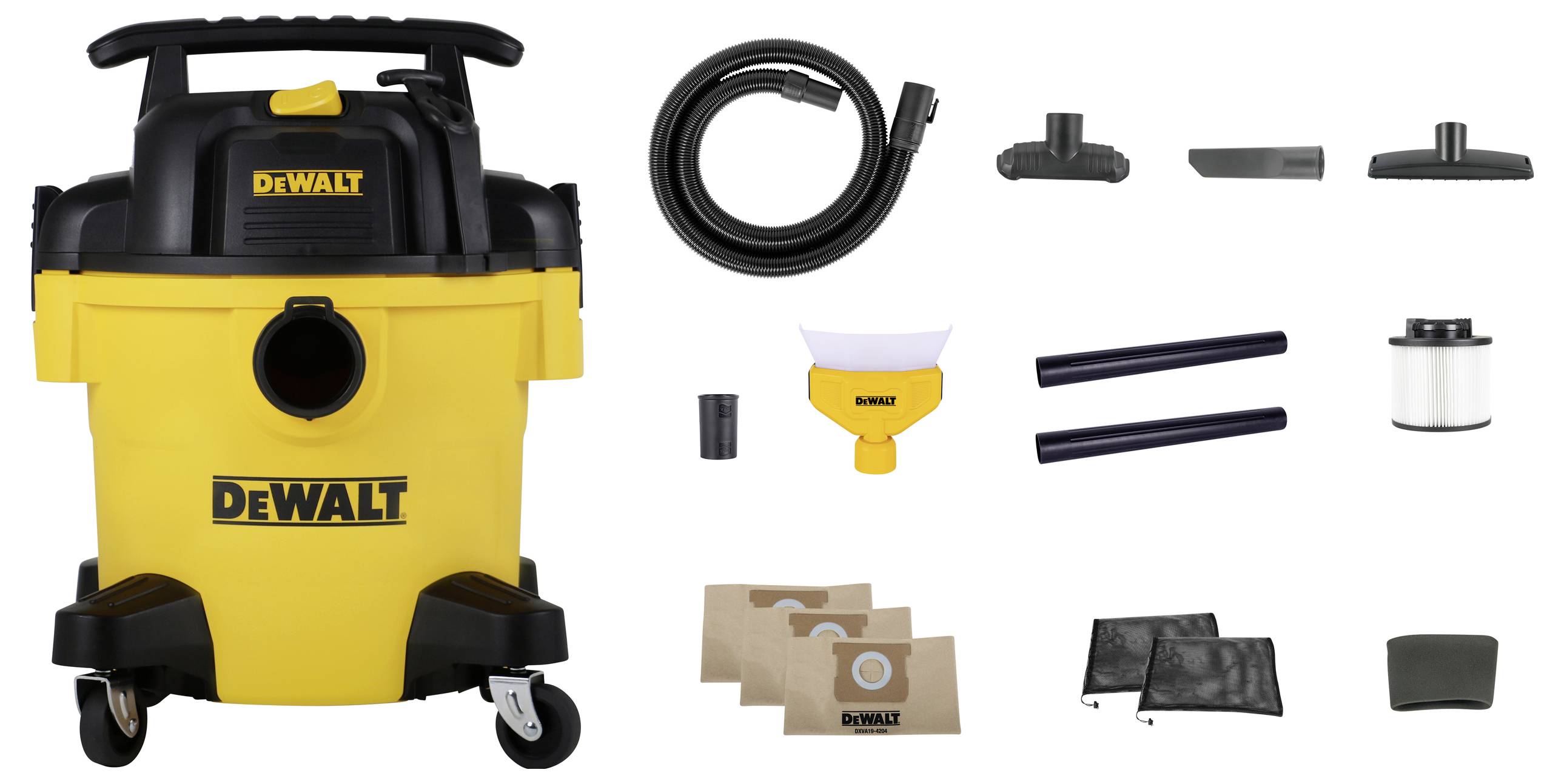 'Aspirapolvere/aspiraliquidi DeWalt con accessori, inclusi tubi, ugelli, filtri e sacchetti per la polvere, per pulizie versatili.'