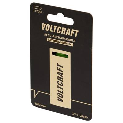 Un imballaggio nero con la scritta 'Voltcraft', contiene una batteria agli ioni di litio, capacità: 5000 mAh, tensione: 3,7 V.