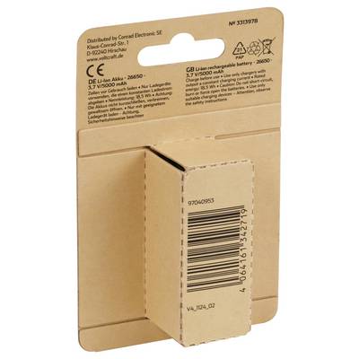 Imballaggio di una batteria agli ioni di litio. Sul retro sono visibili informazioni del produttore e istruzioni di sicurezza in tedesco e inglese.