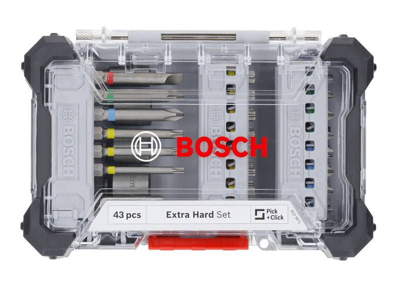 'Set di 43 bit Bosch, Extra Hard, in custodia trasparente in plastica. Contiene vari bit per cacciavite, ideali per il fai-da-te.'