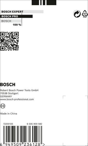 Etichetta di un prodotto Bosch con codice QR, testo 'BOSCH EXPERT', 'BOSCH PRO', 'Fatto in Cina' e un simbolo di riciclaggio.