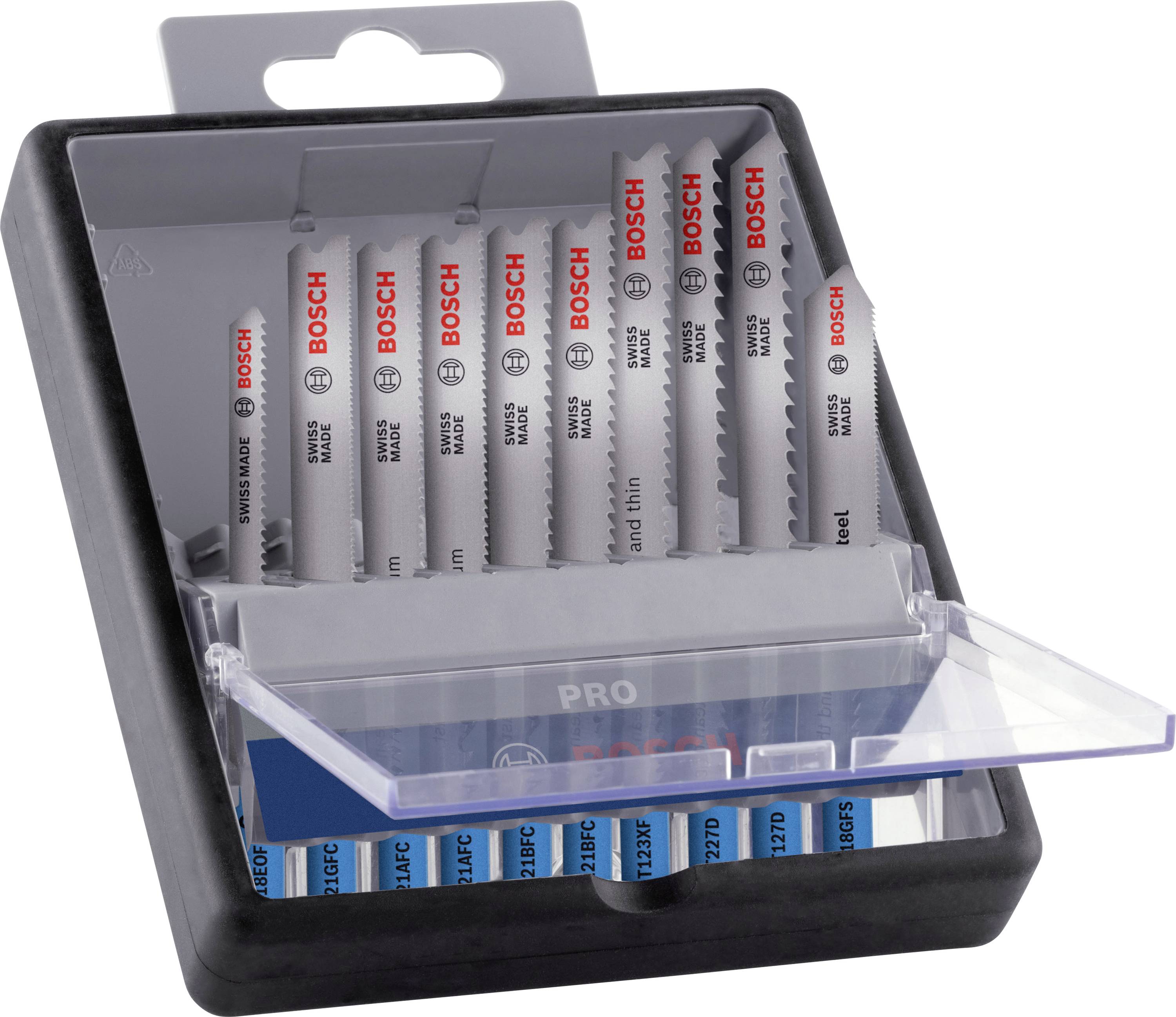 Set di lame per seghetto alternativo Bosch in una scatola di plastica aperta; nove lame visibili per diversi materiali da taglio.