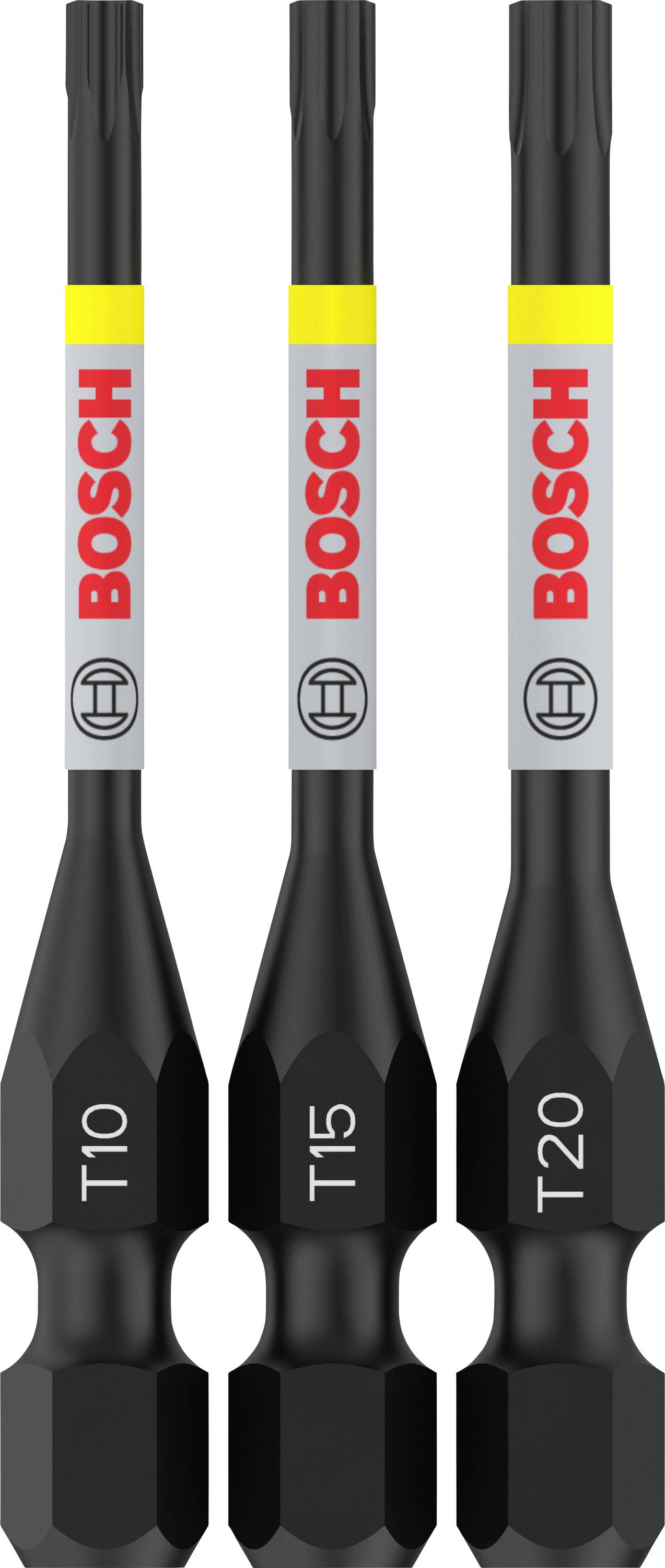 'Tre punte per cacciavite Bosch in nero con etichetta: T10, T15, T20. Sono adatte per teste di viti Torx e disposte in una fila.'