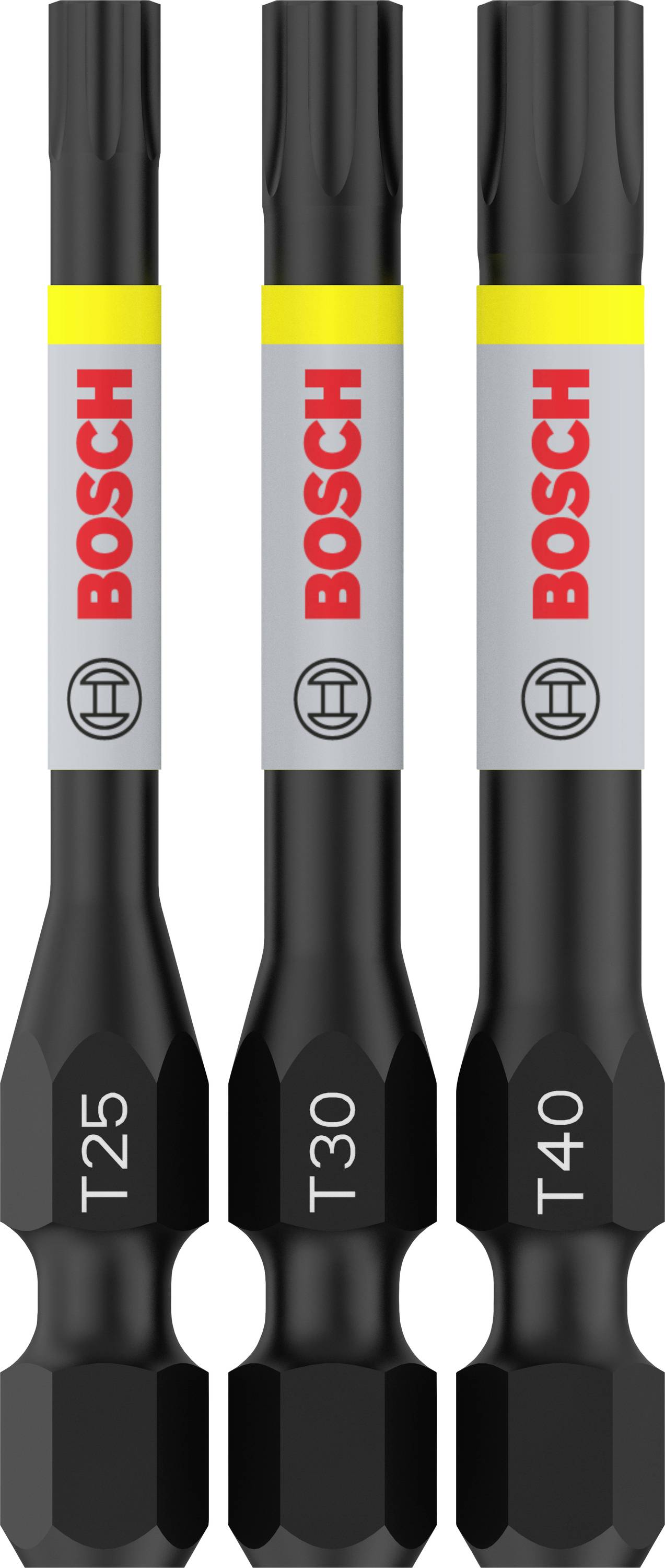 'Tre bit per cacciavite Bosch neri con dimensioni T25, T30 e T40, con marcatura rossa e gialla.'