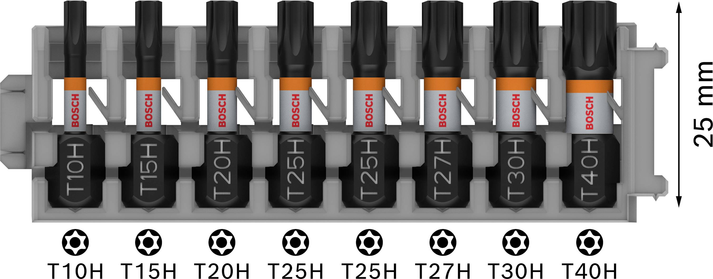 Otto inserti Torx di diverse dimensioni da T10H a T40H in un supporto, con una scala verticale sul lato destro di 25 mm.