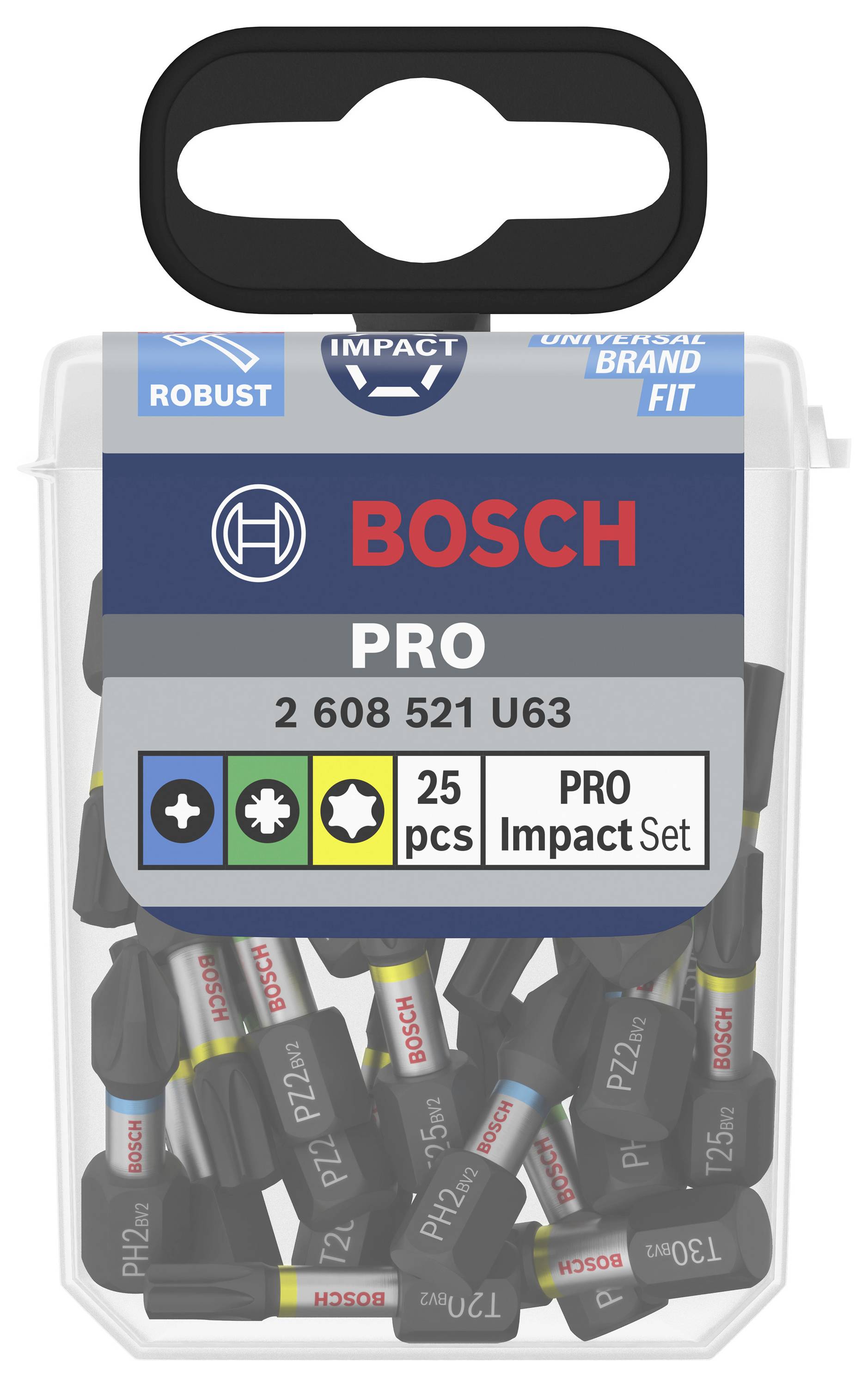 Confezione set di bit Bosch Pro Impact, 25 pezzi, nero con codifica a colori, adatto per un utilizzo robusto e versatile.