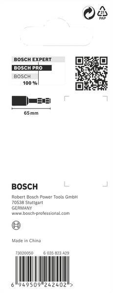 Etichetta di un bit per trapano Bosch con codice QR, immagine del bit e lunghezza di 65 mm. Informazioni di contatto dell'azienda Bosch incluse.
