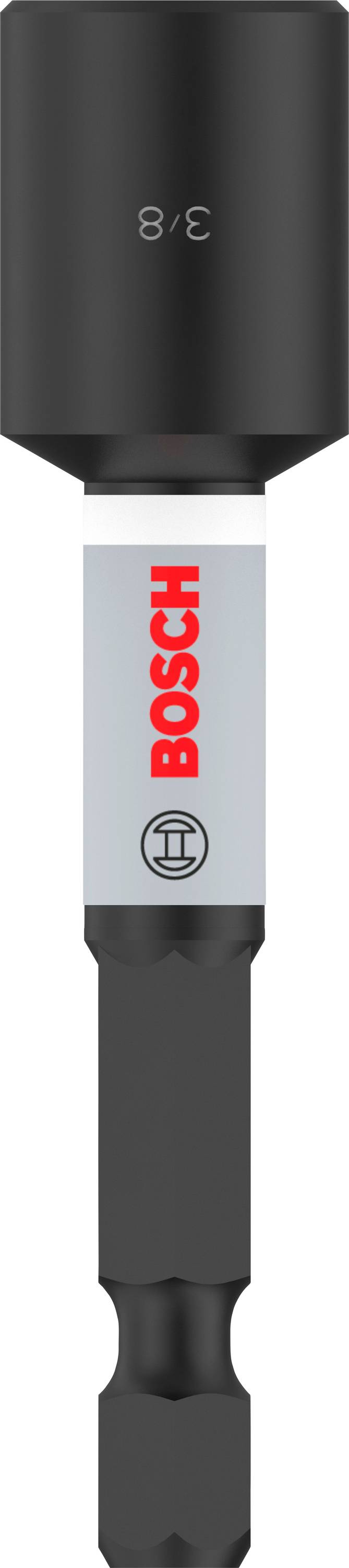 Un attacco a bussola nero Bosch con la scritta '3/8' sulla parte superiore e un gambo grigio con il logo Bosch rosso.