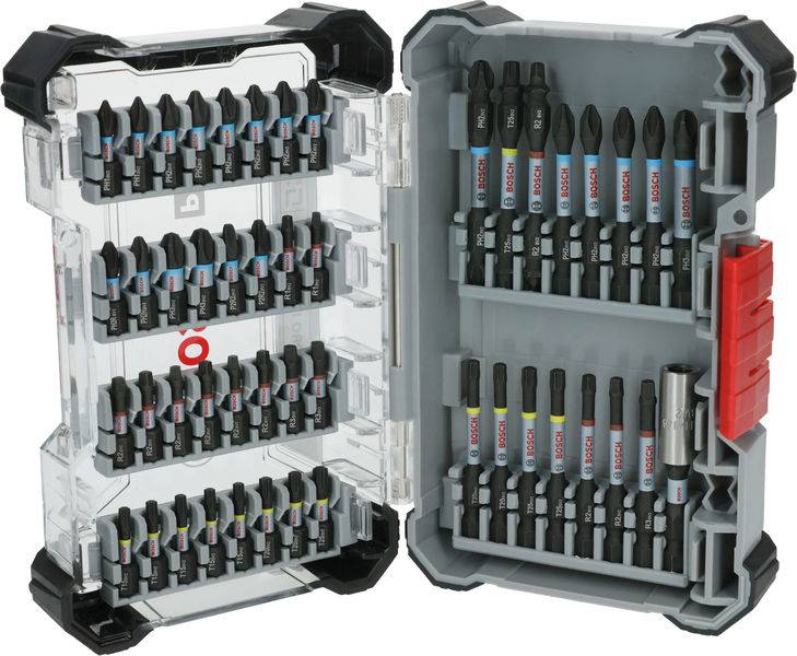 'Set di bit Bosch in scatola trasparente in plastica con chiusura rossa. Contiene numerosi inserti per cacciavite di varie dimensioni.'