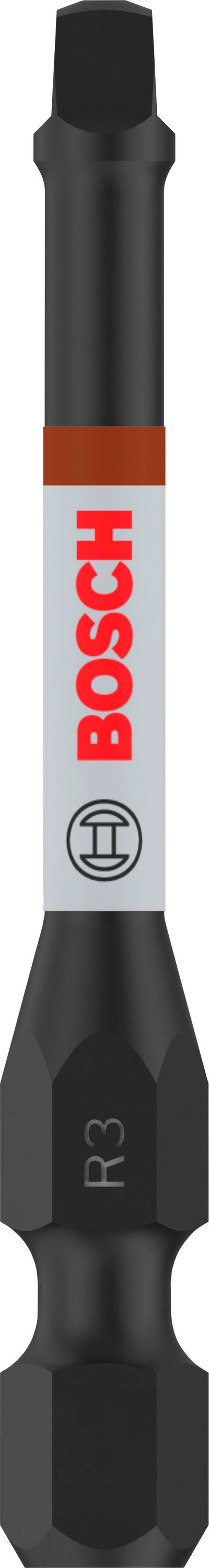 Un bit nero per avvitatore Bosch con logo rosso su sfondo grigio. Adatto per viti PZ3.