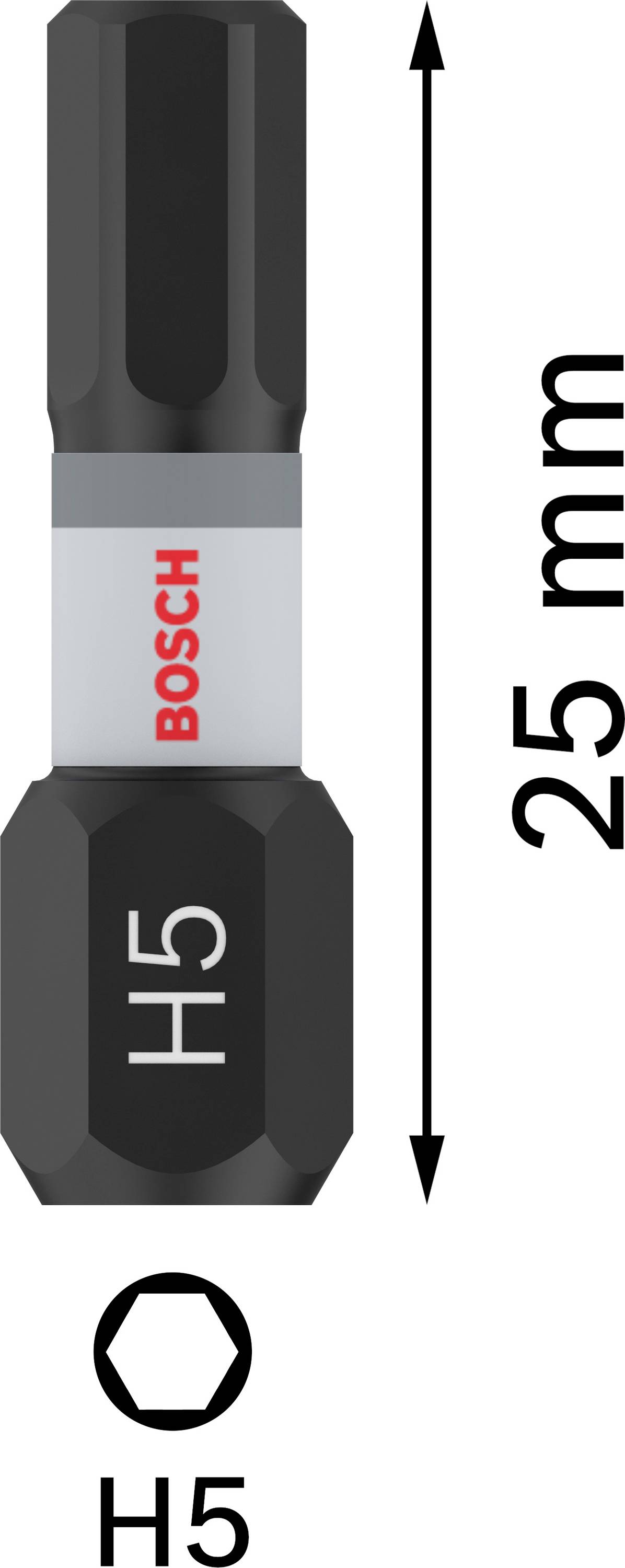 È raffigurata una punta per avvitatore esagonale Bosch con la marcatura 'H5' e una lunghezza di 25 mm.