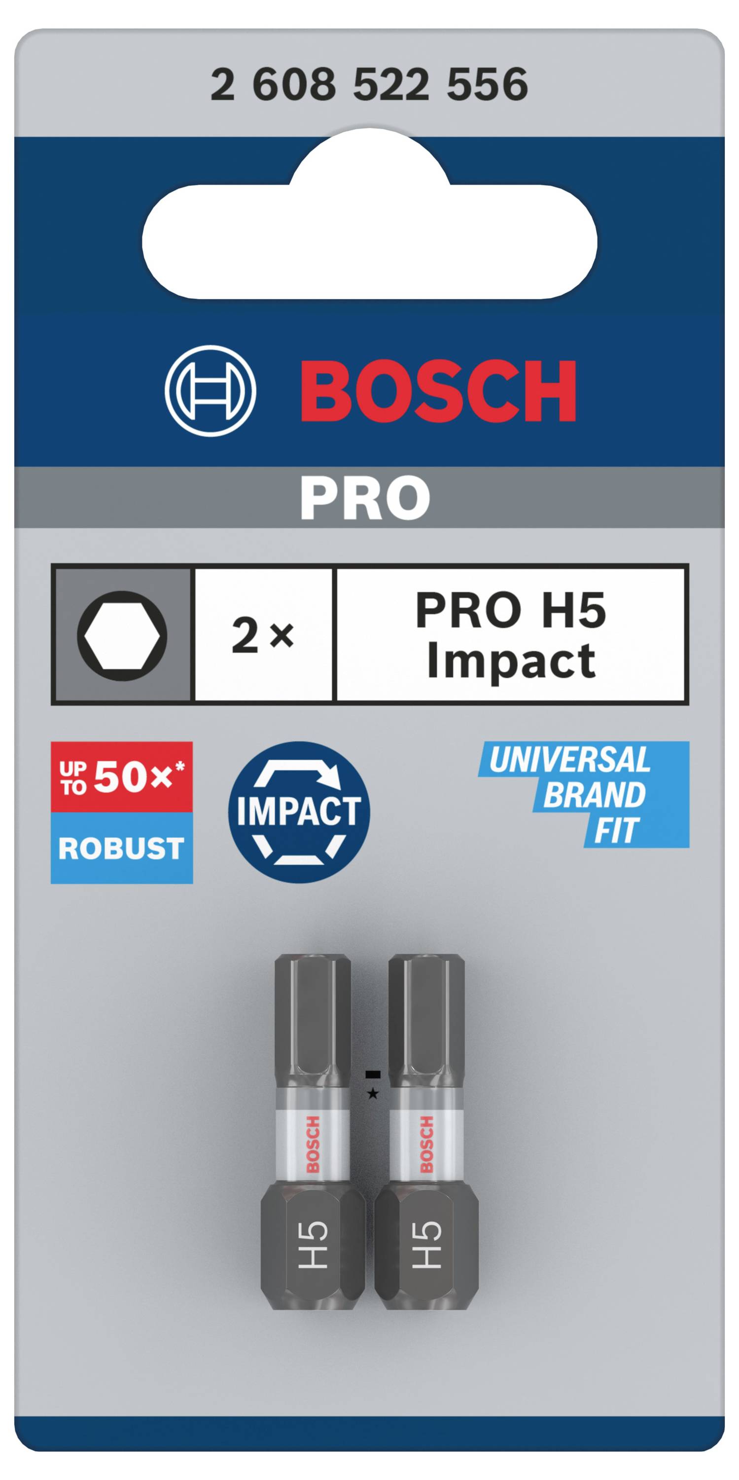 Set di bit 'BOSCH PRO H5 Impact' con due bit robusti per viti esagonali, con enfasi sulla durevolezza e compatibilità di marca.