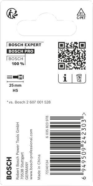 Etichetta del prodotto Bosch: 'Bosch Expert', '25 mm', 'H5', con codice QR, codice riciclo '81 C/PET', paese di origine: Cina, '100%'.