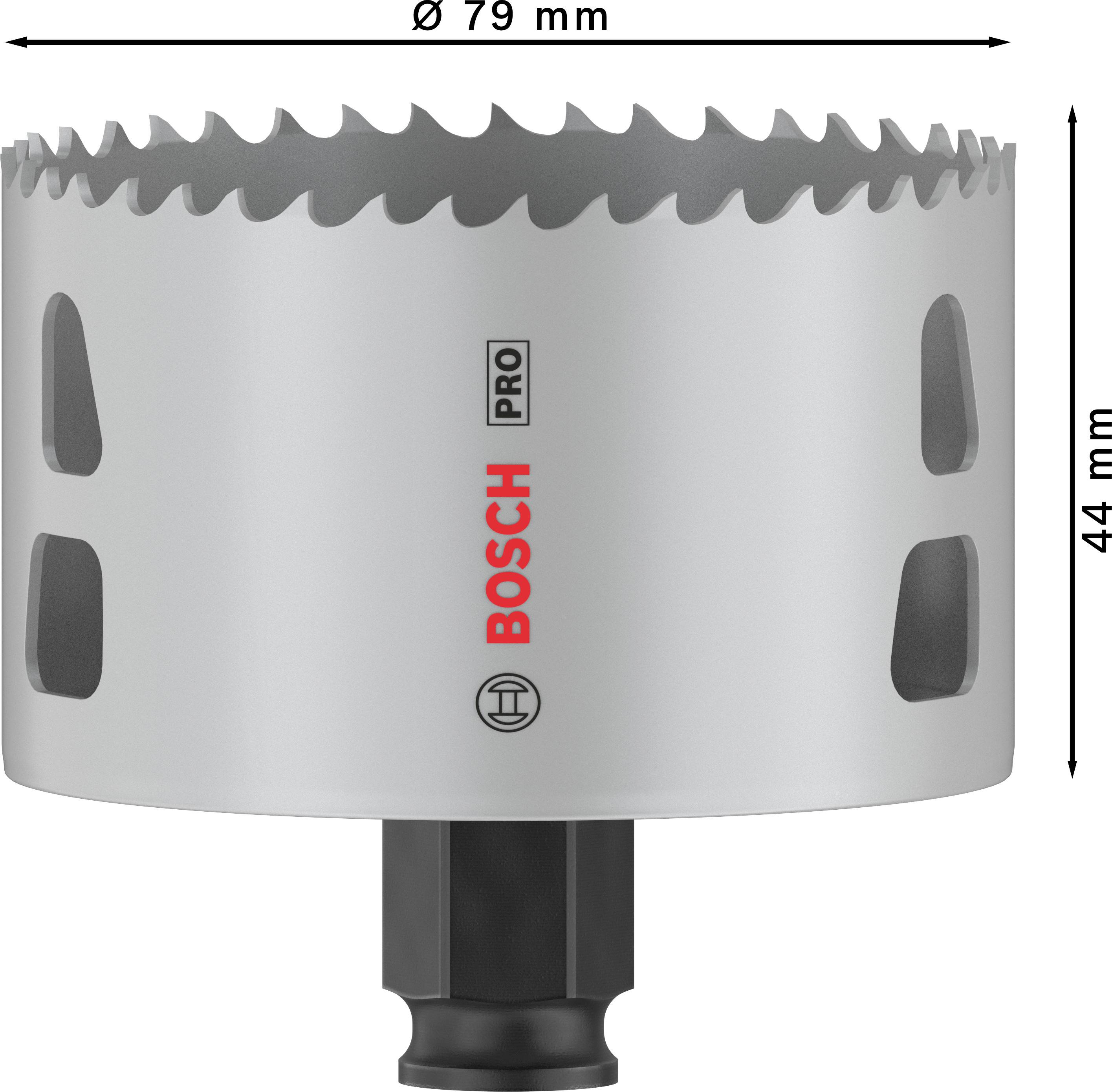 Accessorio per sega circolare, color argento, diametro 79 mm, altezza 44 mm, con logo 'BOSCH PRO', adatto per uso professionale.