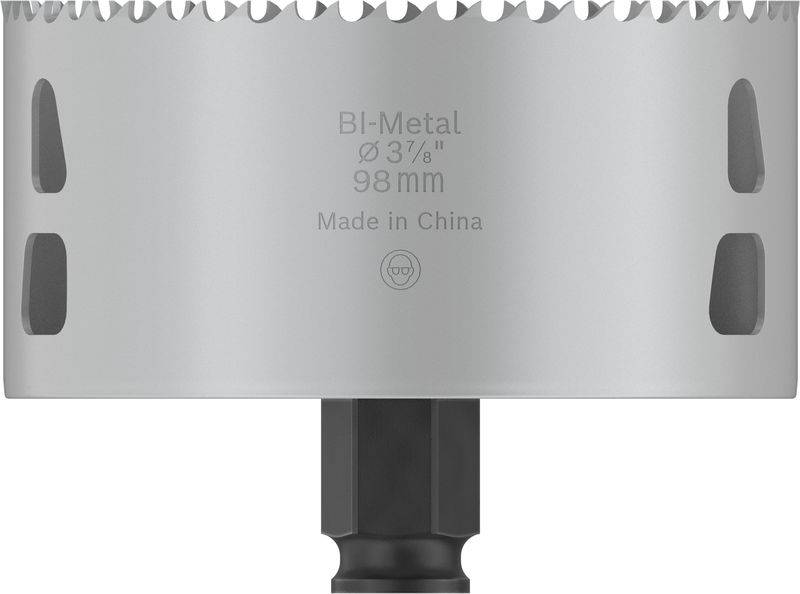 Corona di perforazione in metallo bicomposto con diametro di 98 mm, fabbricata in Cina. Ha denti taglienti seghettati ed è adatta per la lavorazione di diversi materiali.