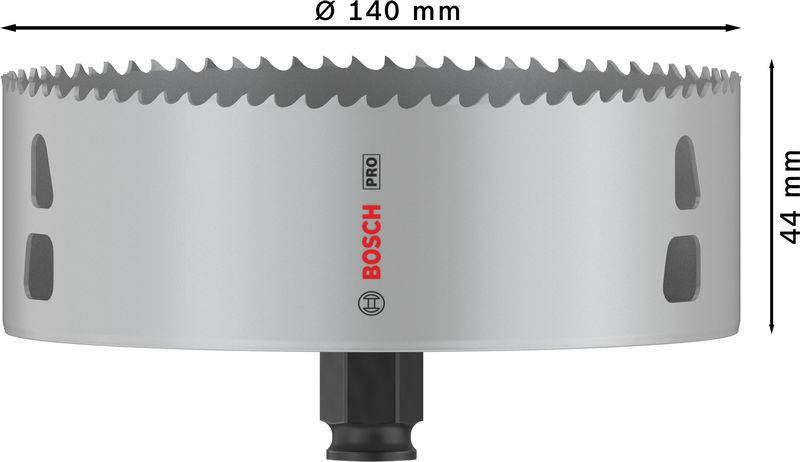 Una corona per trapano Bosch con un diametro di 140 mm e un'altezza di 44 mm. È realizzata in metallo con bordi dentellati.