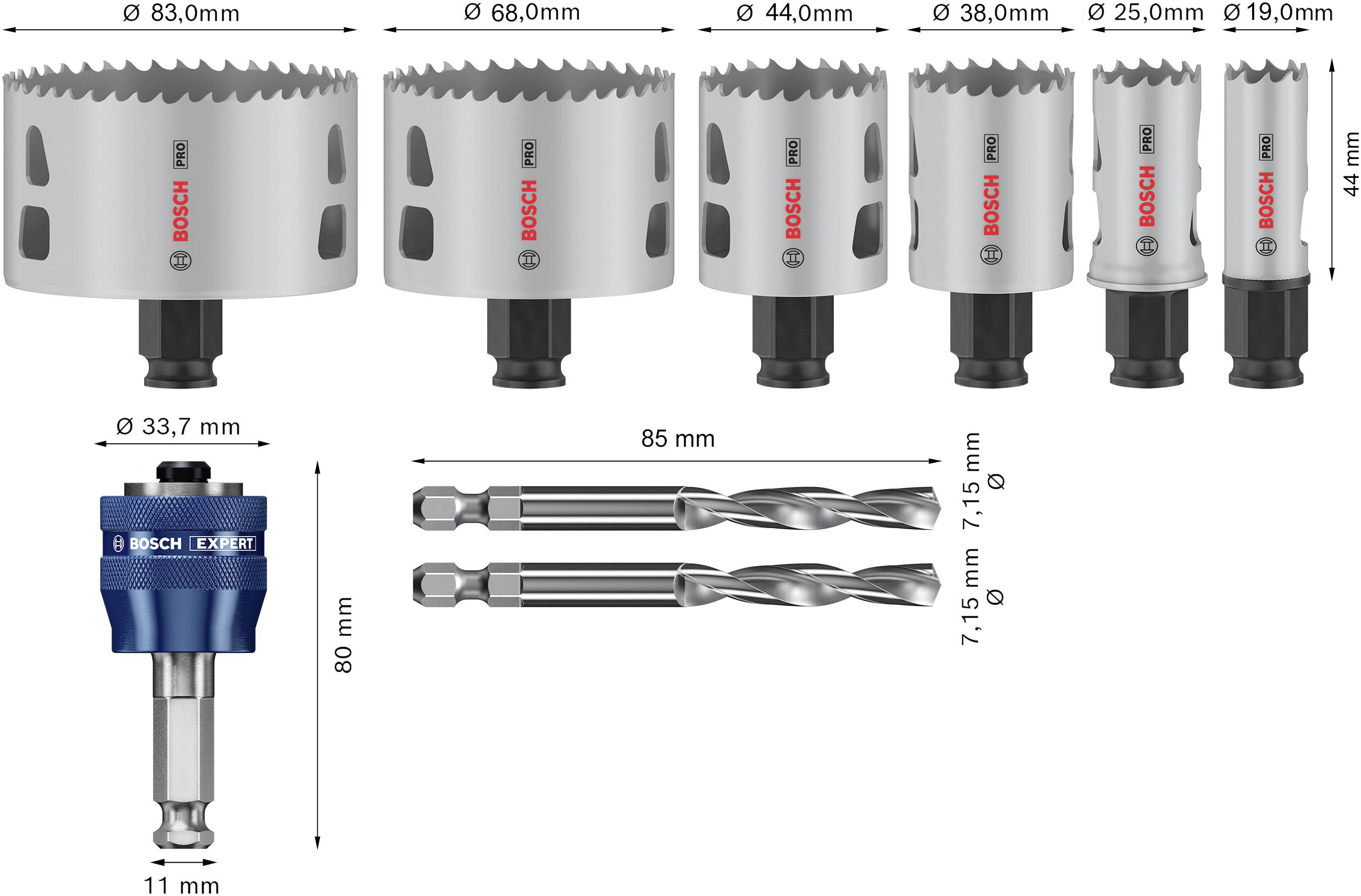 Set di seghe a tazza 'Bosch PRO' con sei misure (19-68 mm), due punte (7,15 mm), adattatore universale a cambio rapido (80 mm) e dimensioni in mm.