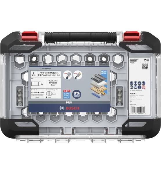 Set di punte e bit Bosch in custodia trasparente in plastica, contiene Set di estensione Pro Multi Material PCS, adatto per diversi materiali.