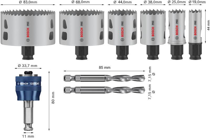 Sei seghe a tazza di diverse dimensioni con logo Bosch e due punte, dimensioni indicate in millimetri.