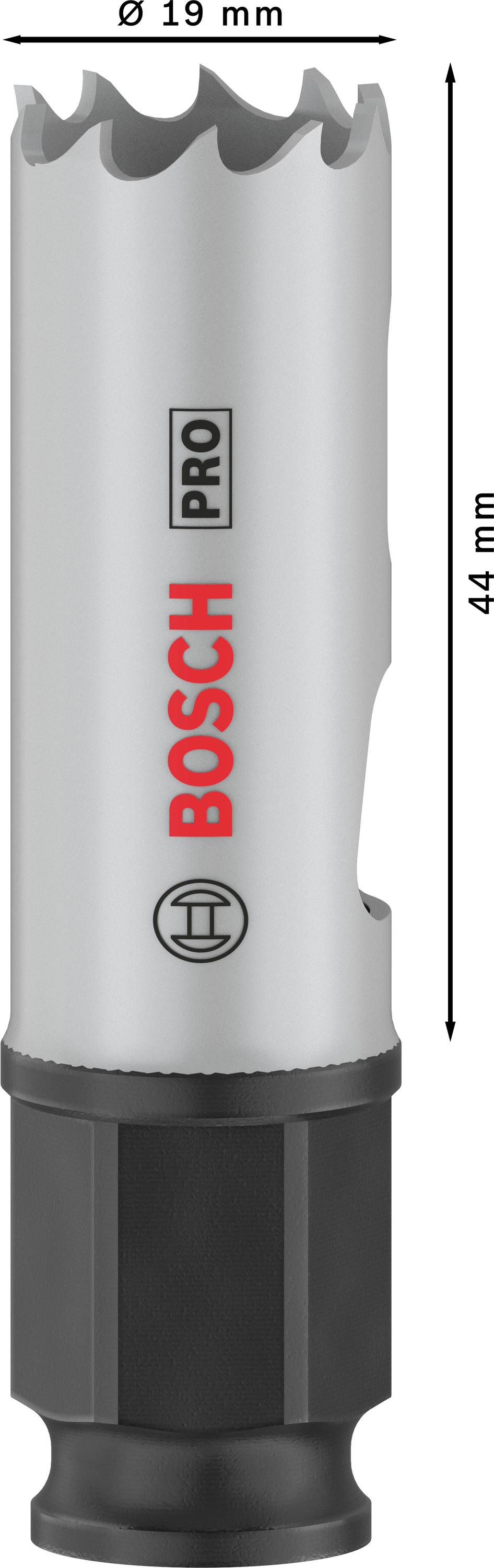 Sega a tazza 'BOSCH PRO', diametro 19 mm, lunghezza 44 mm, con bordo dentato, adatta per applicazioni professionali nel settore degli utensili.