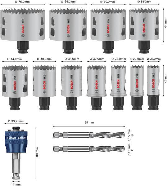 Diversi accessori per sega circolare Bosch in differenti diametri da 20 mm a 76 mm, inclusi punte e adattatori.