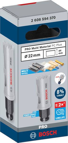 Confezione per sega a tazza Bosch PRO Multi Material PC Plus, adatta per diversi materiali, diametro 22 mm, lega di cobalto.
