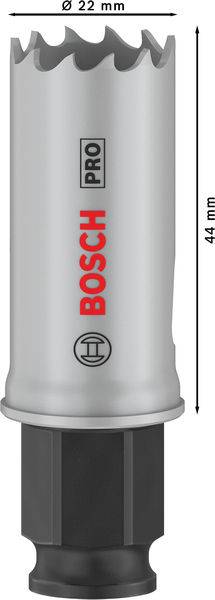 Lama per seghe a tazza 'Bosch PRO', diametro 22 mm, lunghezza 44 mm, con taglio dentellato, idonea per forature precise in diversi materiali.