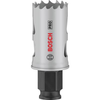 Inserto per sega a tazza argentato con denti affilati, stampato con il marchio 'Bosch'. Utilizzato per forature precise in diversi materiali.