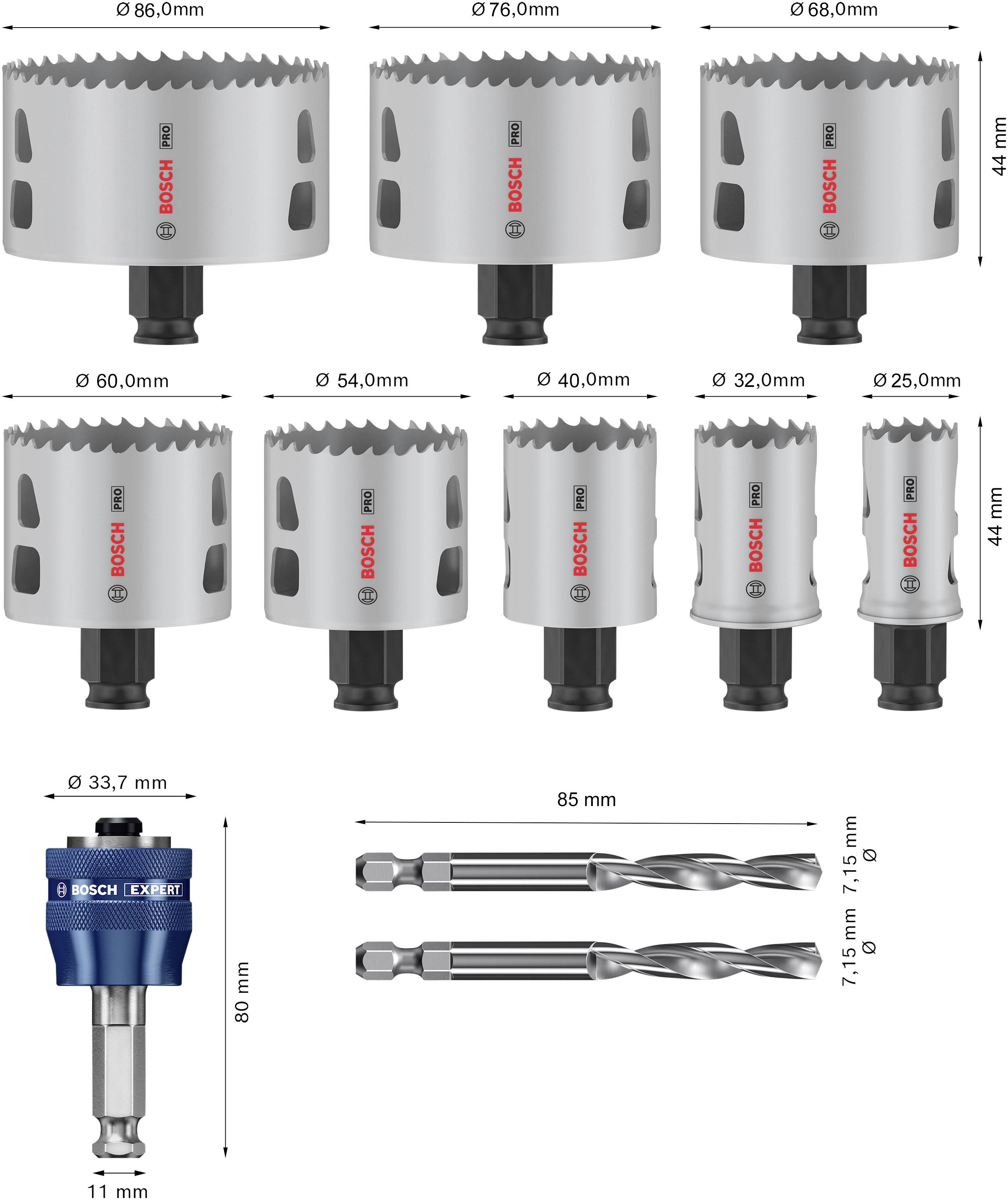 Diverse seghe a tazza Bosch di dimensioni diverse, sopra da 86 mm fino a 25 mm. Sotto un adattatore tre-in-uno e due punte.