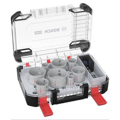 Una valigetta aperta con un set di seghe a tazza Bosch. Diversi inserti per seghe a tazza sono ordinatamente disposti, con accessori sul lato.