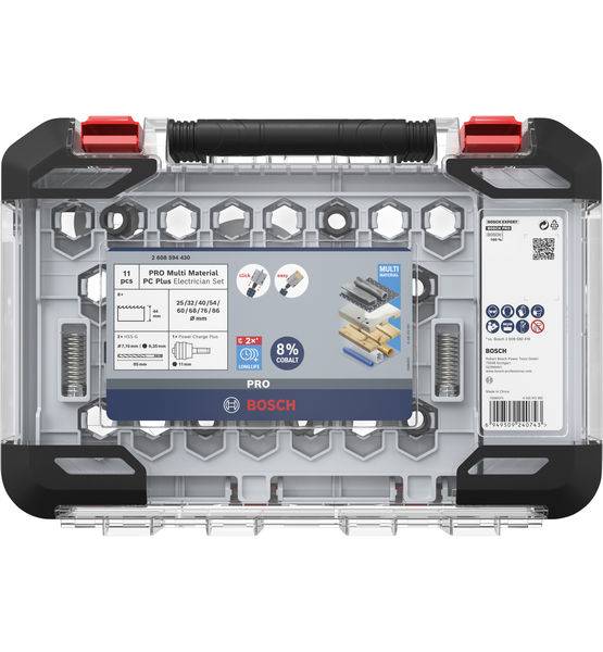 Set di utensili Bosch, custodia trasparente con bordo nero, contiene diversi punte e inserti, con illustrazione sulla confezione.
