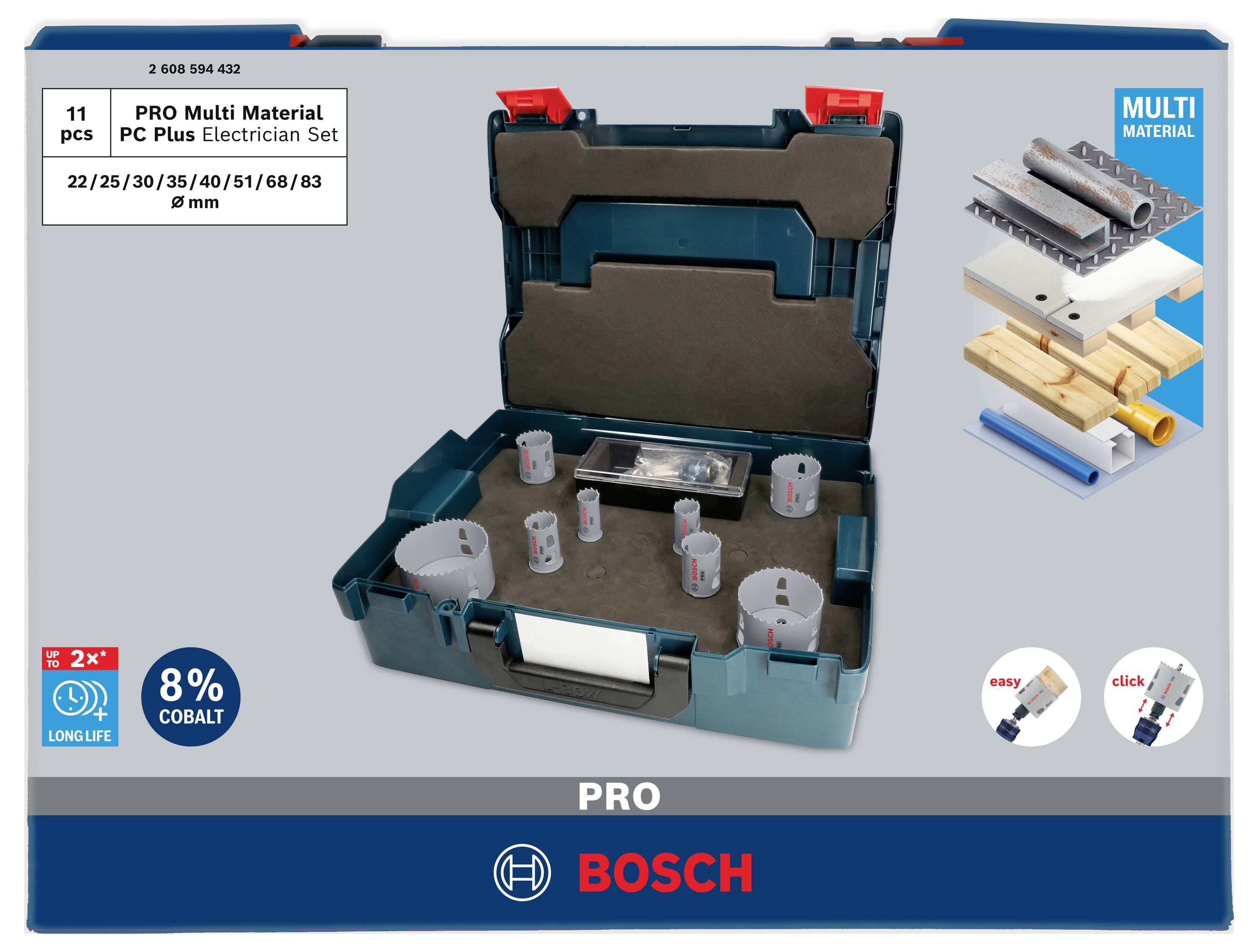 'Set Bosch PRO Multi Materiale per Elettricisti, 11 pezzi. Include diametri punte: 22/25/30/35/40/51/68/83 mm. 8% Cobalto.'