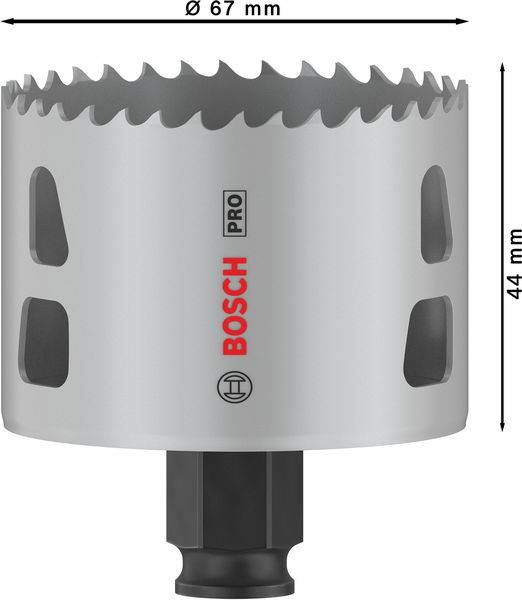 Sega a corona Bosch, diametro 67 mm, altezza 44 mm, adatta per diversi materiali, taglio a forma di dente.