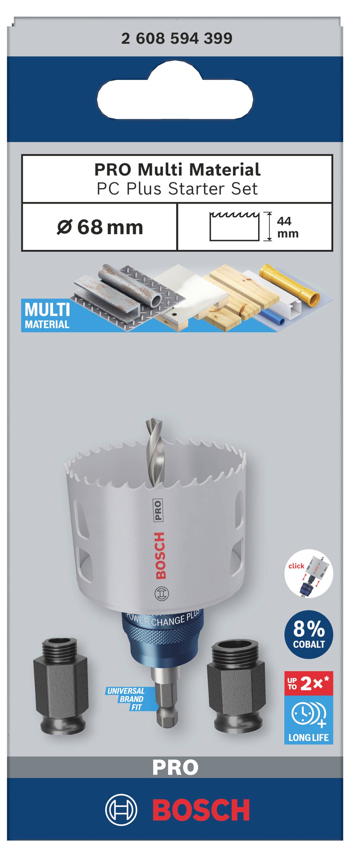 'Bosch PRO Multi Material PC Plus Set di Avvio' Sega a tazza per diametro 68 mm. Contiene l'8% di cobalto per una durata maggiore.
