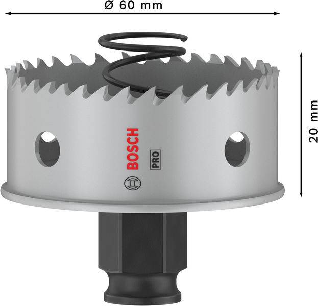 Sega a tazza con diametro di 60 mm, altezza di 20 mm, bordo dentellato. Contrassegnata con logo 'BOSCH PRO'. Strumento essenziale per lavori di foratura.