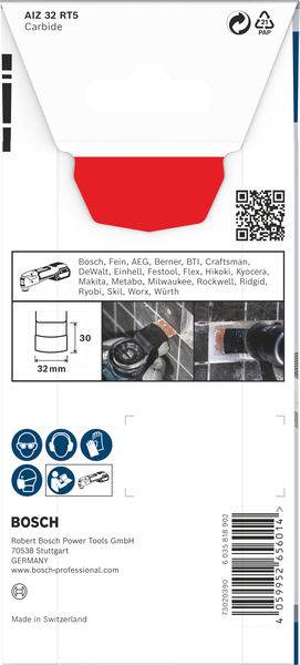 Packaging di una lama per sega Bosch, modello AIZ 32 RT5. Mostra i dettagli del prodotto, un'immagine applicativa, un codice QR e le informazioni del produttore. Made in Switzerland.