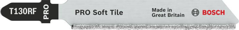 Lama da taglio con la scritta 'T130RF PRO Soft Tile', 'Made in Great Britain', logo Bosch; per piastrelle morbide.