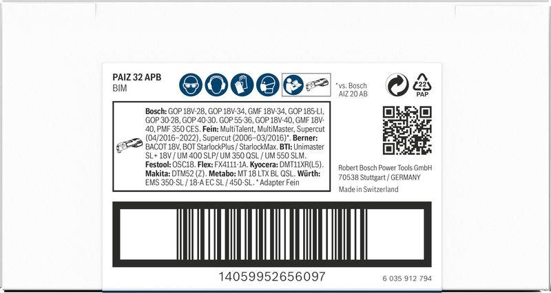 Etichetta di un componente sostitutivo Bosch con informazioni sul prodotto. Contiene simboli, codice QR e codice a barre.