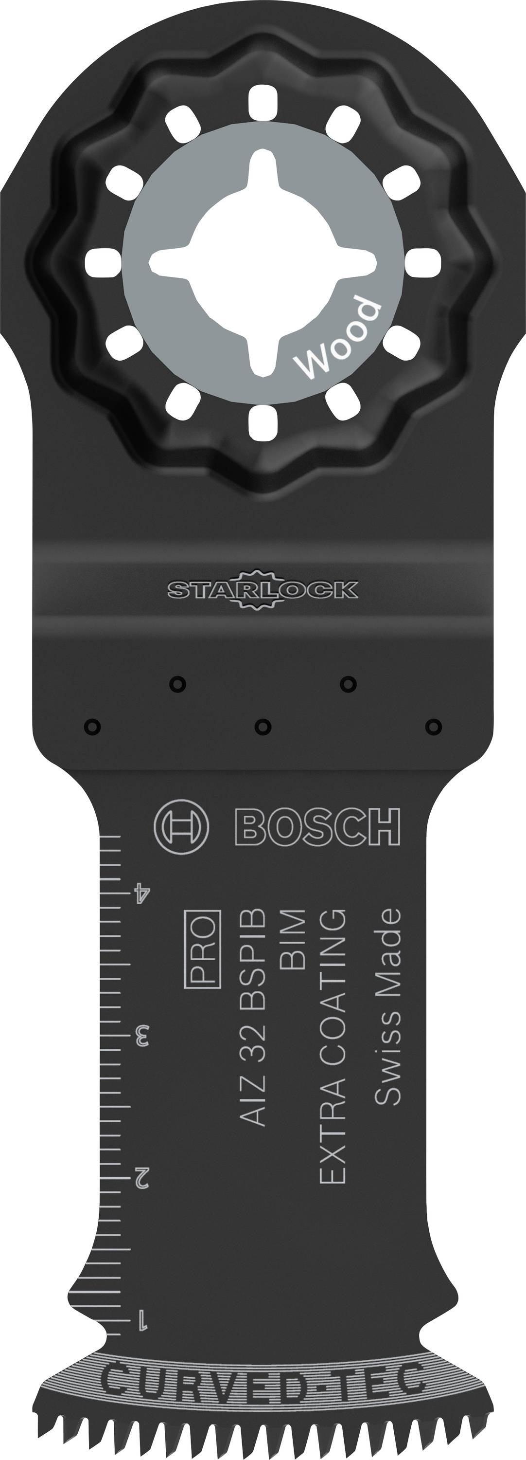 Lama da sega nero-grigio con la scritta 'Wood' in alto. Marca Bosch. Scala delle unità di misura sul bordo. Adatto per lavori in legno.