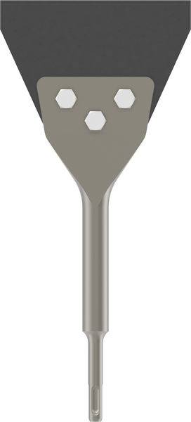 Utensile metallico da raschietto con lama triangolare e impugnatura grigia, idoneo alla rimozione di materiali da superfici.