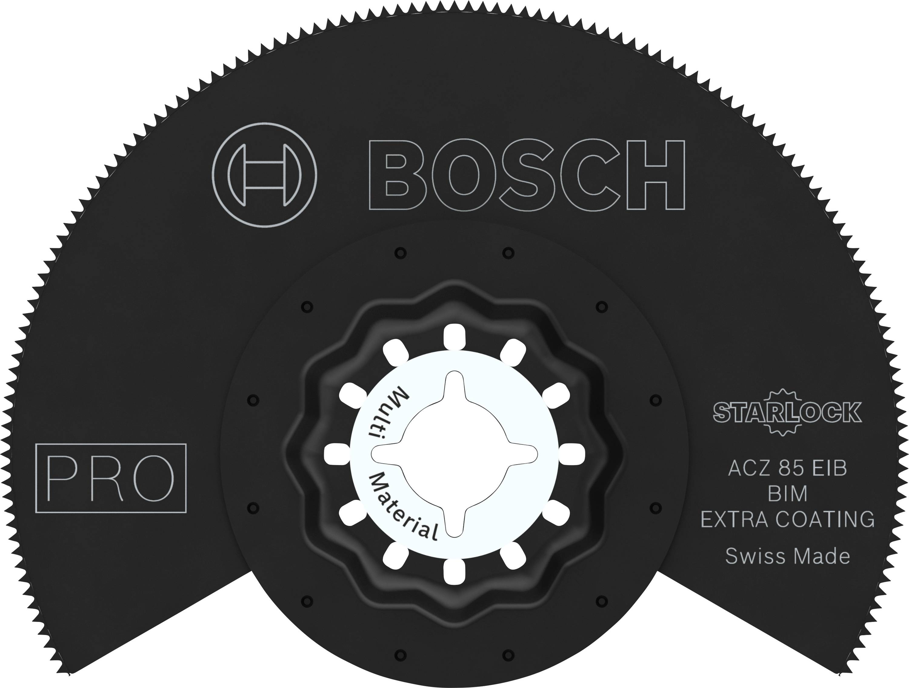 Una lama da sega Bosch Starlock nera con bordo ondulato, contrassegnata con 'PRO', 'ACZ 85 EIB BIM EXTRA COATING', 'Swiss Made'.